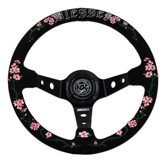 Blessed Universal 350mm 3" Deep Dish 6-Bolt Steering Wheel Red Suede Alcantara