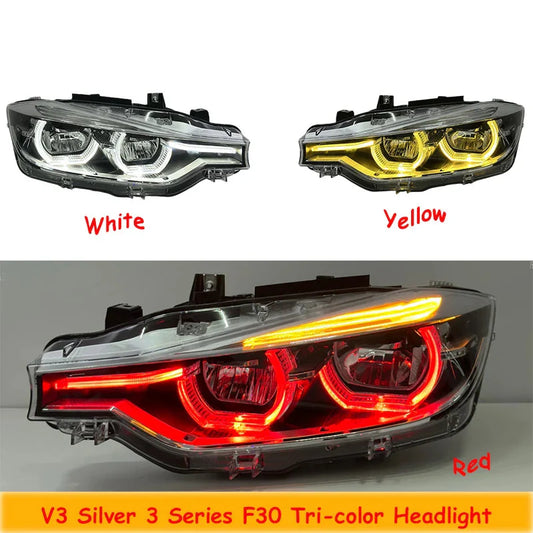 BMW 3 Series F30 / F31 / F35 V3 Silver Tri-Color LED Headlight Assembly (White / Yellow / Red DRL / LCI Style Look) 2012 - 2018 (Replaces 63117314531)