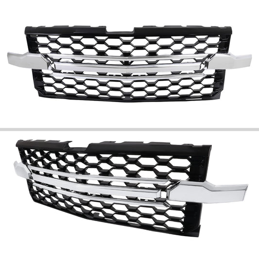 2019-2022 Chevrolet Silverado 1500 WT Glossy Black Honeycomb Hood Grille w/ Chrome Trim