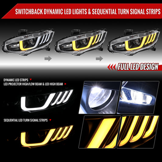 2016-2021 Honda Civic Full LED Projector Headlights w/ Switchback Sequential Turn Signal (Matte Black Housing/Clear Lens)