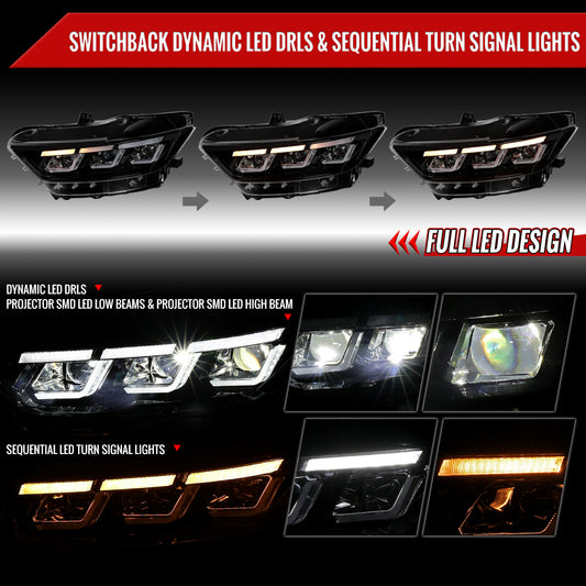 2015??2017 Ford Mustang Full LED Projector Headlights Switchback Sequential with Start-Up Animation (Glossy Black Housing / Clear Lens)