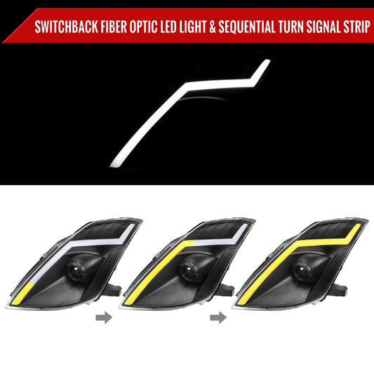 2006-2009 Nissan 350Z Switchback Sequential Turn Signal Animated LED Bar Projector Headlights (Matte Black Housing/Clear Lens)