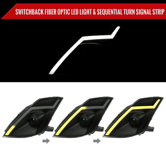2006-2009 Nissan 350Z Switchback Sequential Turn Signal Animated LED Bar Projector Headlights (Matte Black Housing/Smoked Lens)