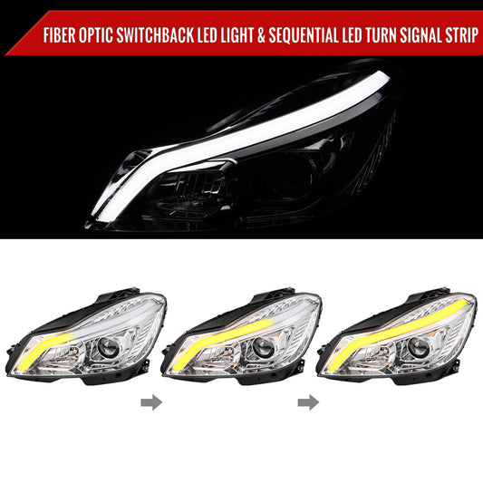 2012-2014 Mercedes-Benz W204 C-Class Switchback Sequential LED Bar Projector Headlights (Chrome Housing/Clear Lens)