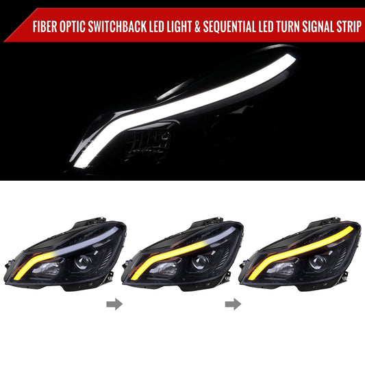 2012-2014 Mercedes-Benz W204 C-Class Switchback Sequential LED Bar Projector Headlights (Matte Black Housing/Smoked Lens)