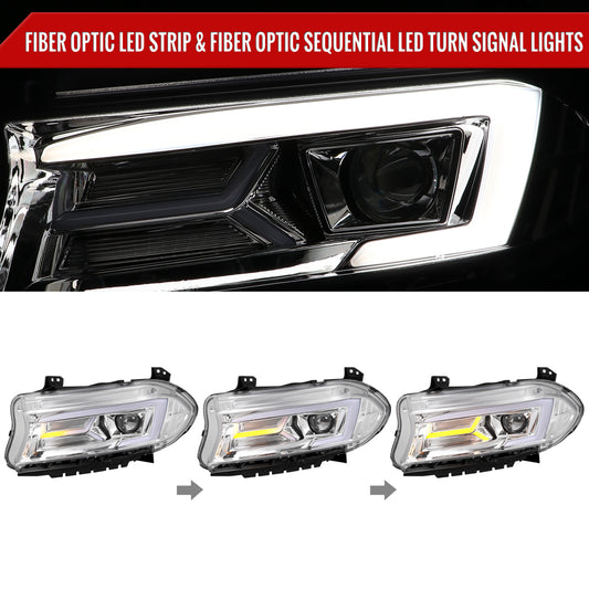 2015-2023 Dodge Charger LED Strip Projector Headlights w/ LED Sequential Turn Signal (Chrome Housing/Clear Lens)