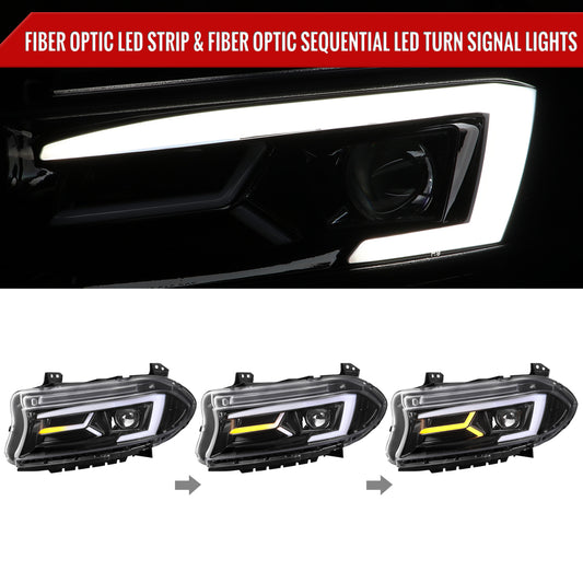 2015-2023 Dodge Charger LED Strip Projector Headlights w/ LED Sequential Turn Signal (Jet Black Housing/Clear Lens)