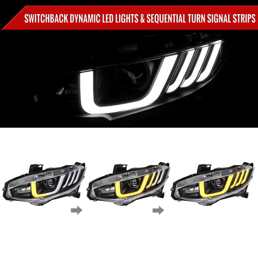2016-2021 Honda Civic Projector Headlights w/ LED Switchback Sequential Turn Signal (Matte Black Housing/Clear Lens)