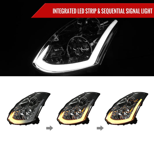 2003-2007 Infiniti G35 Coupe LED Bar Projector Headlights w/ Sequential Turn Signals (Chrome Housing/Smoked Lens)