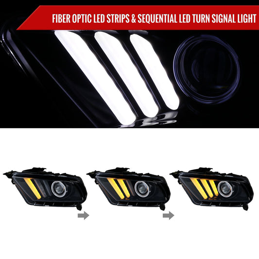 2010-2014 Ford Mustang LED Bar Projector Headlights w/ Sequential Turn Signals (Glossy Black Housing/Smoked Lens)