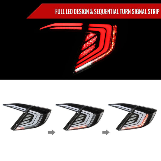 2016-2021 Honda Civic 4DR Sedan White LED Tail Lights w/ Sequential Signal Lamps (Matte Black Housing/Clear Lens)