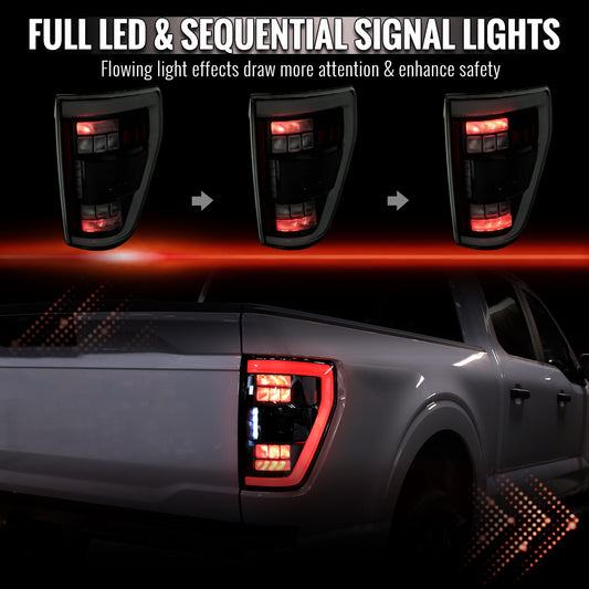 2021??2023 Ford F-150 LED Tail Lights w/ Switchback Sequential Turn Signals (Glossy Black Housing / Smoked Lens)