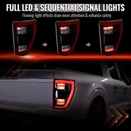 2021??2023 Ford F-150 Red LED Tail Lights w/ Switchback Sequential Turn Signals (Matte Black Housing / Clear Lens)