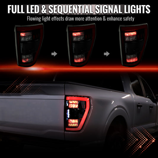2021??2023 Ford F-150 LED Tail Lights w/ Switchback Sequential Turn Signals (Black Housing / Smoked Lens)
