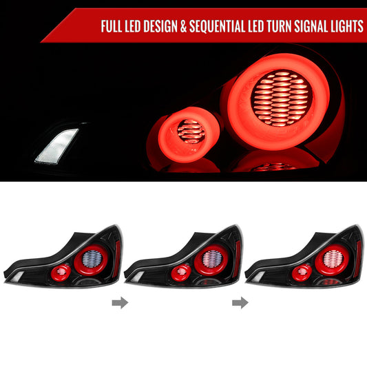 2008-2013 Infiniti G37/2014-2015 Q60 Coupe/Convertible Red LED Tail Lights w/ Switchback Sequential Turn Signals (Glossy Black Housing / Clear Lens)