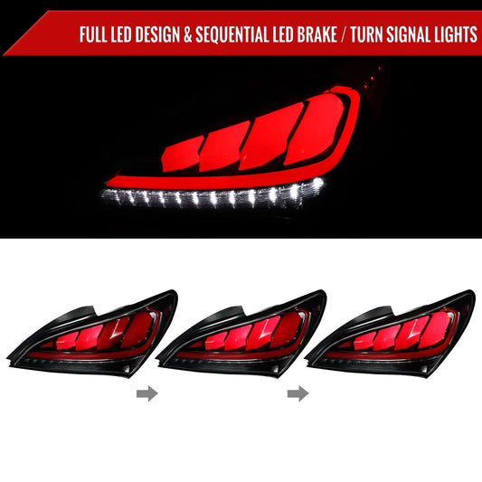2010-2016 Hyundai Genesis Coupe Red Bar Sequential LED Tail Lights (Jet Black Housing/Clear Lens)
