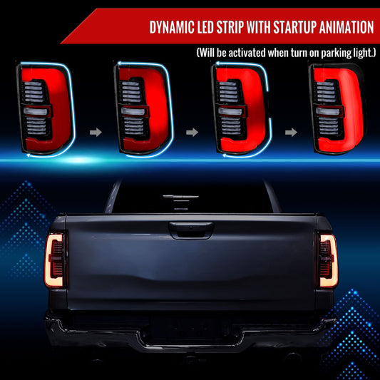 2019-2024 Dodge RAM 1500 Tail Light w/ Sequential Turn Signal LED Strip and LED Side Marker Brake Reverse (Jet Black Housing / Clear Lens)