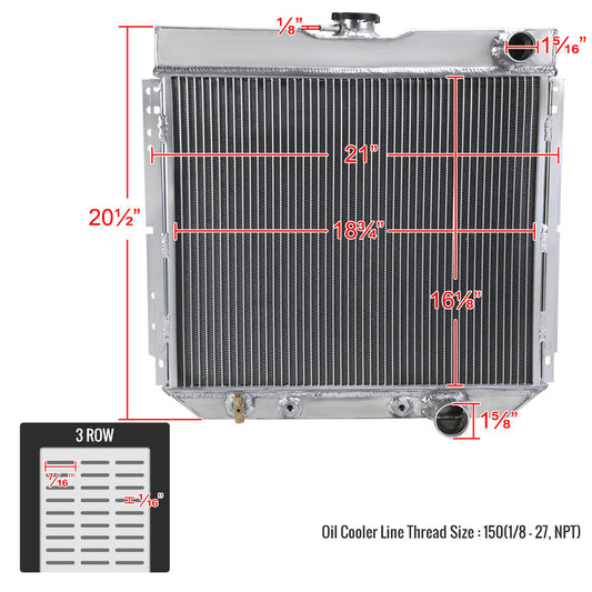 1963-1970 Ford Mustang/Fairlane/Falcon/Galaxie/Torino Mercury Cougar V8 Aluminum 3-Row Performance Radiator