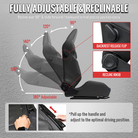 RACING SEAT - BLACK PU LEATHER AND CHARCOAL GRAY SUEDE WITH DOUBLE BLACK STITCH