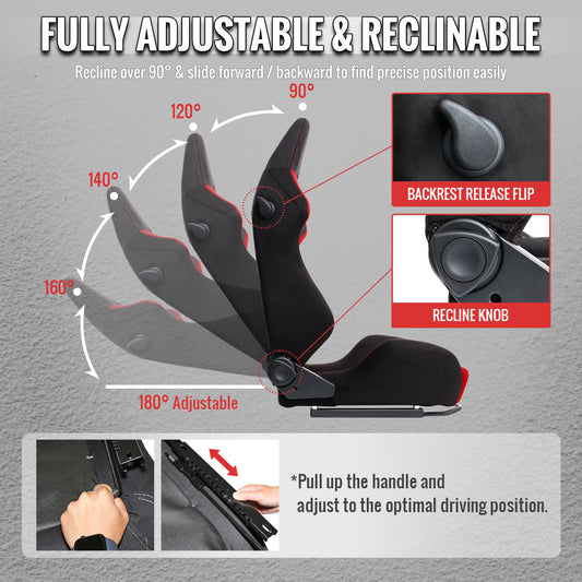 RACING SEAT - BRIGHT RED SUEDE FRONT BLACK SUEDE IN BLACK WITH DOUBLE RED STITCH