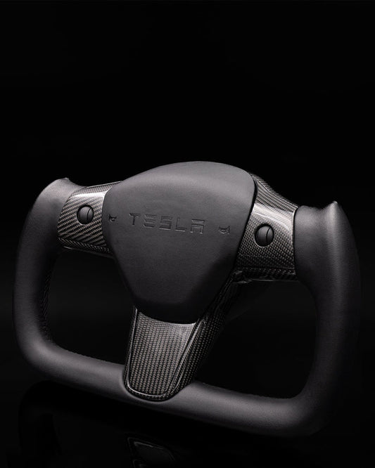 Sixth Element TESLA MODEL Y / MODEL 3 BLACK LEATHER DRY CARBON PLAID STYLE YOKE STEERING WHEEL