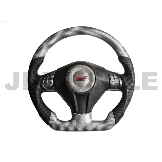 JDMuscle Custom Carbon Fiber Steering Wheel for 2008-2014 WRX/STI *| OPEN BOX *Silver CF w/ Black Perf. Leather & white stiching