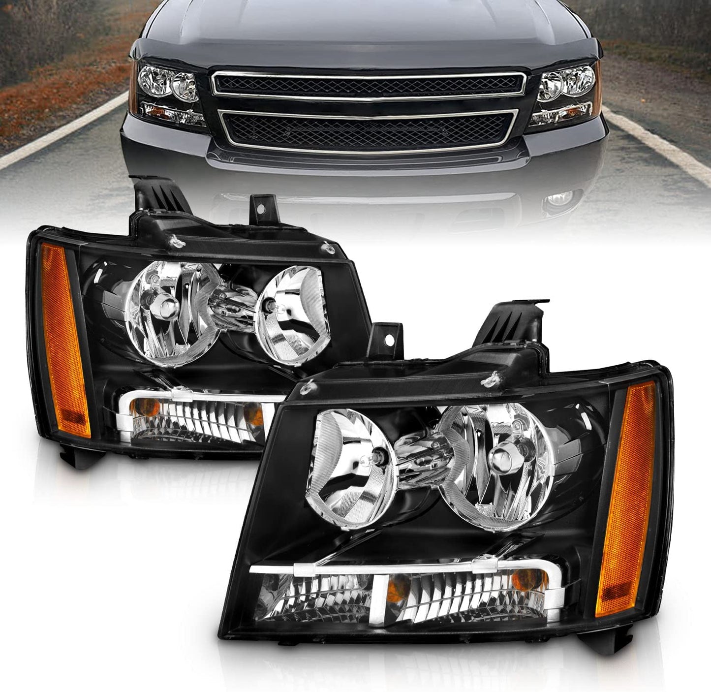 AmeriLite Black Replacement Headlights For Chevy Tahoe / Suburban / Avalanche (Pair) - Driver and Passenger Side Black Housing