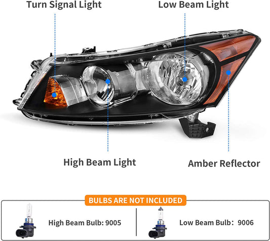 Dwvo Headlight Assembly Compatible With 0812 Accord 4door Sedan 2008 2009 2010 2011 2012 Black Housing Clear Lens Amber Reflector