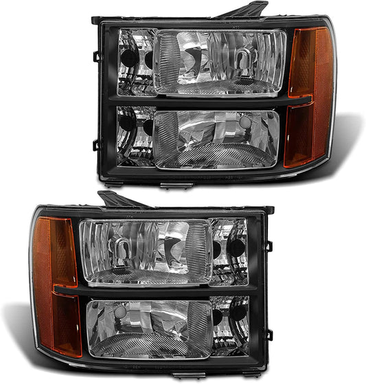 2007-2014 Sierra Headlight Assembly Compatible with 2007-2014 GMC Sierra 1500 / 07-14 GMC Sierra 2500HD 3500HD Chrome Housing with Amber Reflector Replacement Left and Right
