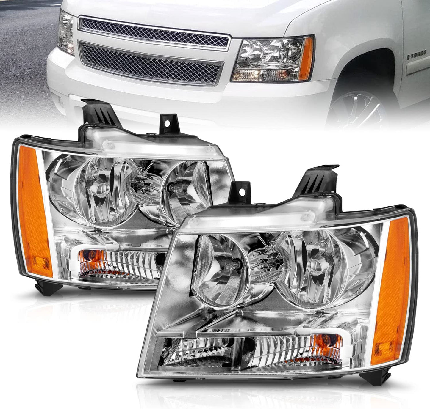 AmeriLite for Chevy 07-13 Tahoe/Suburban/Avalanche Factory Style Replacement Headlights Pair - Driver and Passenger Side Chrome Housing