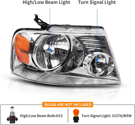 Dwvo Headlight Assembly Compatible With 2004 2005 2006 2007 2008 Ford F150 Pickup Driver And Passenger Side Chrome Housing Amber Reflector