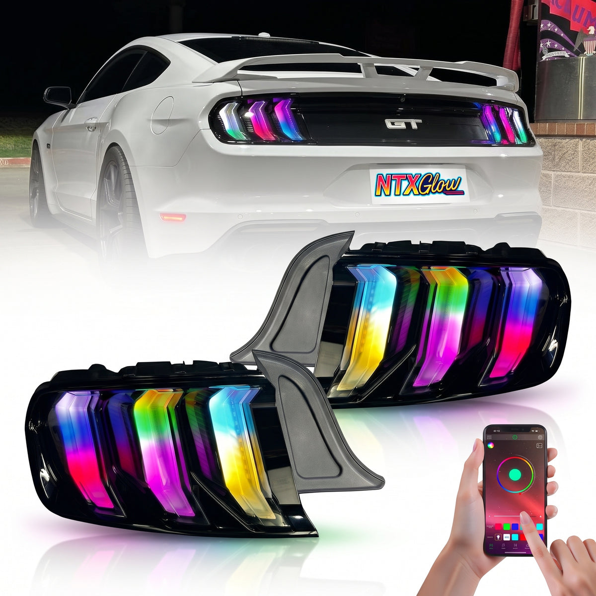 2015-2023 Ford Mustang S550 RGB tail lights with light smoked lens by NTXGlow