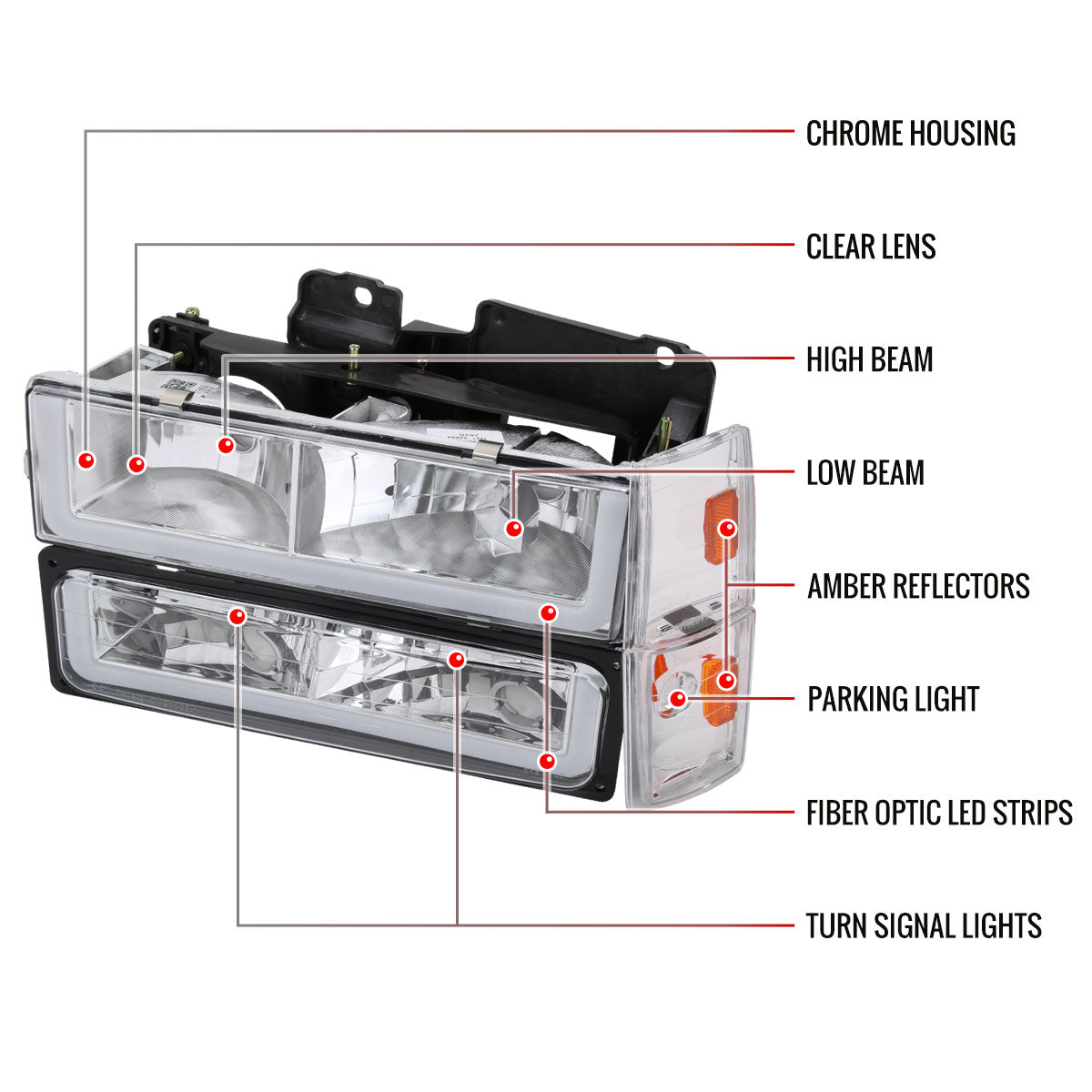 1988-1993 Chevrolet/GMC C10 C/K Sierra Tahoe LED Tube Factory Style Headlights with Bumper & Corner Lights (Chrome Housing/Clear Lens)