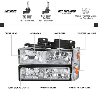 1988-1993 Chevrolet C/K Blazer/Tahoe/Silverado/Suburban GMC Sierra/Yukon Factory Style Headlights, Bumper Lights, & Corner Lights Set (Chrome Housing/Clear Lens)