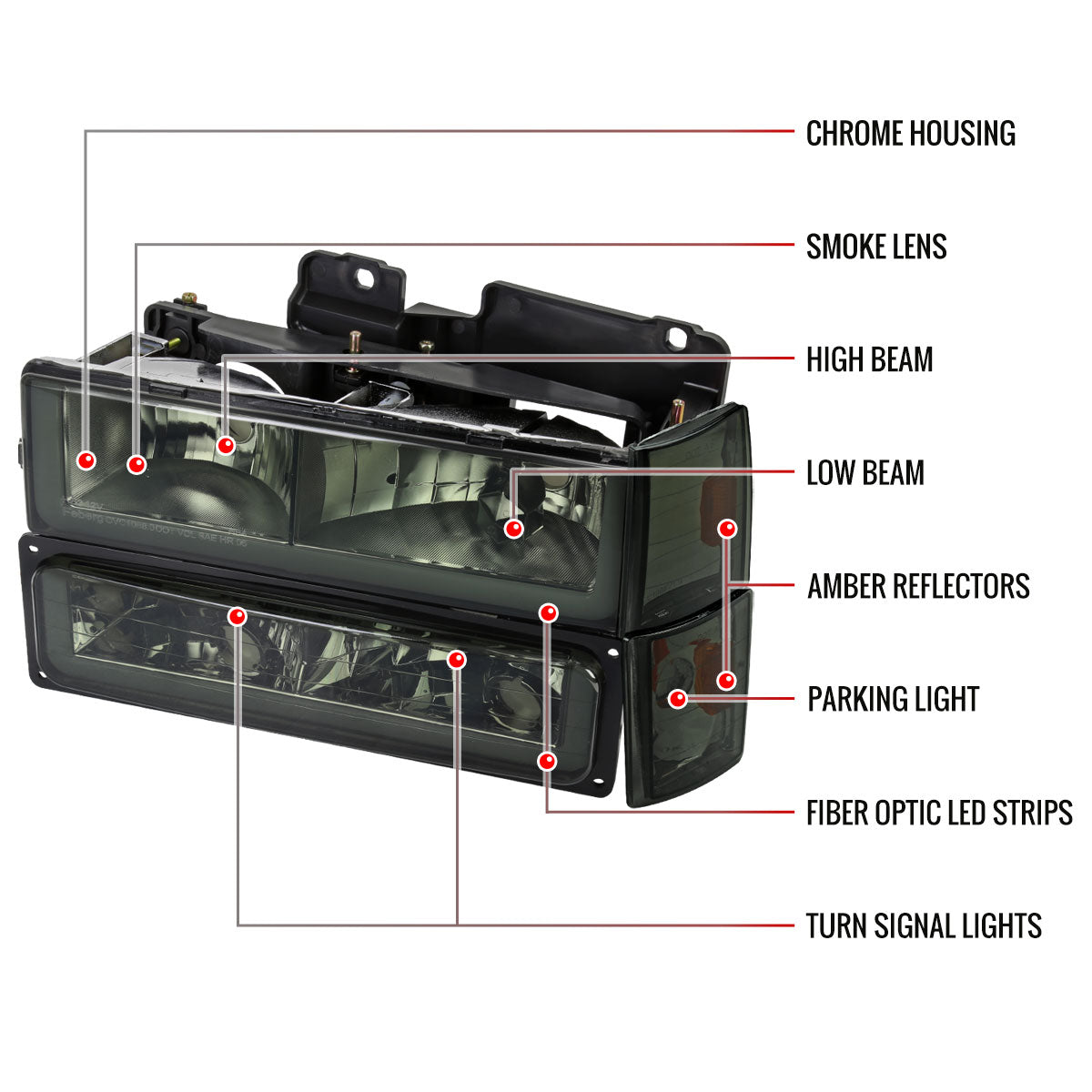 1988-1993 Chevrolet/GMC C10 C/K Sierra Tahoe LED Tube Factory Style Headlights with Bumper & Corner Lights (Chrome Housing/Smoked Lens)