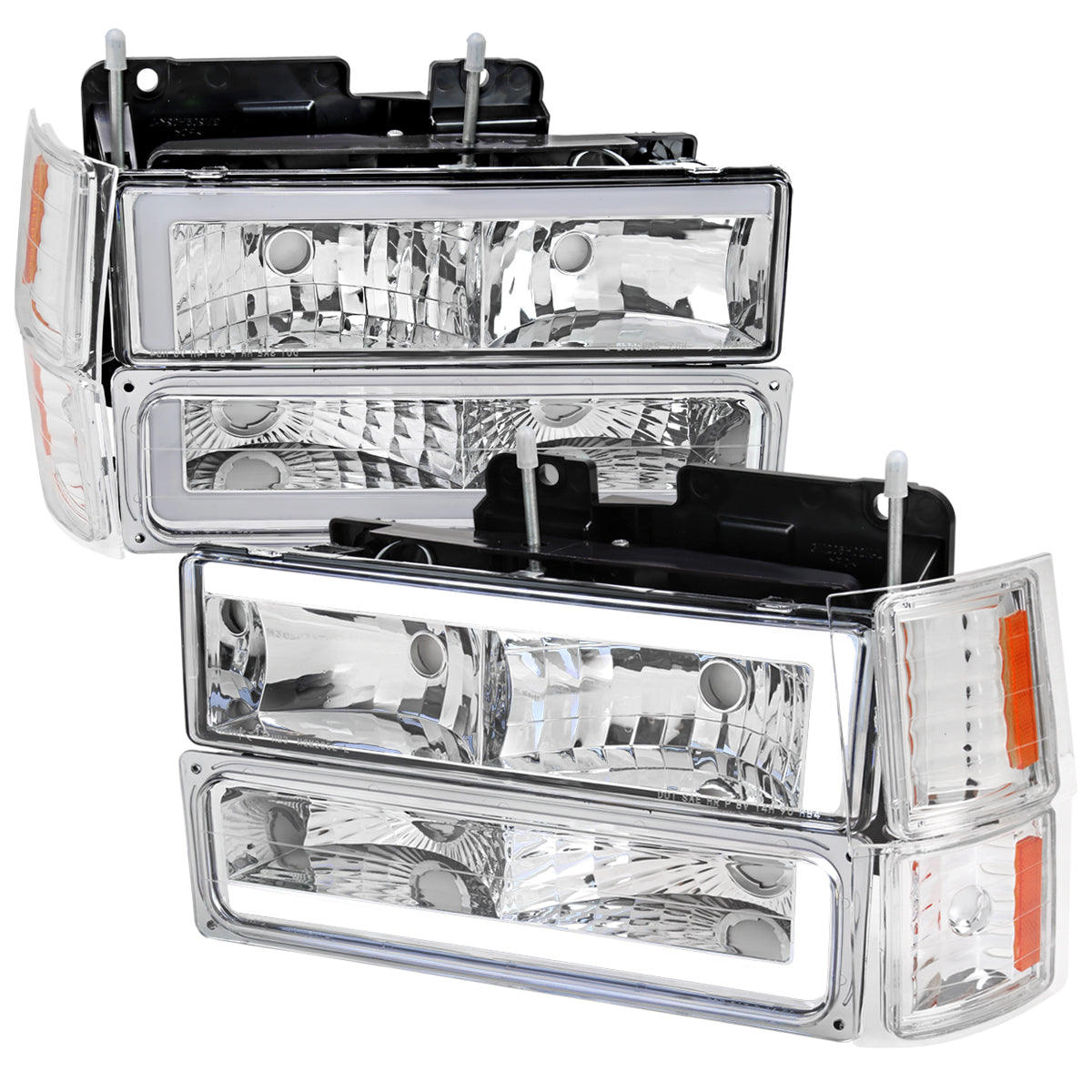 1994-1998 Chevrolet C10 C/K Tahoe Suburban LED Tube Factory Headlights with Corner Signal Bumper Lights (Chrome Housing/Clear Lens)