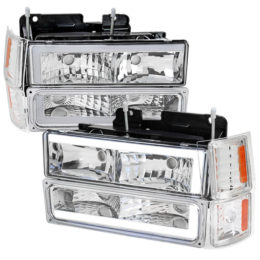 1994-1998 Chevrolet C10 C/K Tahoe Suburban LED Tube Factory Headlights with Corner Signal Bumper Lights (Chrome Housing/Clear Lens)