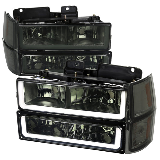 1994-1998 Chevrolet Silverado/Tahoe/Suburban/C10 Factory Style Headlights w/LED Strip and Bumper & Corner Lights (Chrome Housing/Smoked Lens)