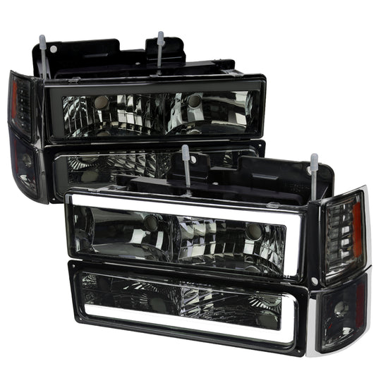 1994-1998 Chevrolet C10 C/K Tahoe Suburban LED Tube Factory Headlights with Corner Signal Bumper Lights (Chrome Housing/Smoked Lens)