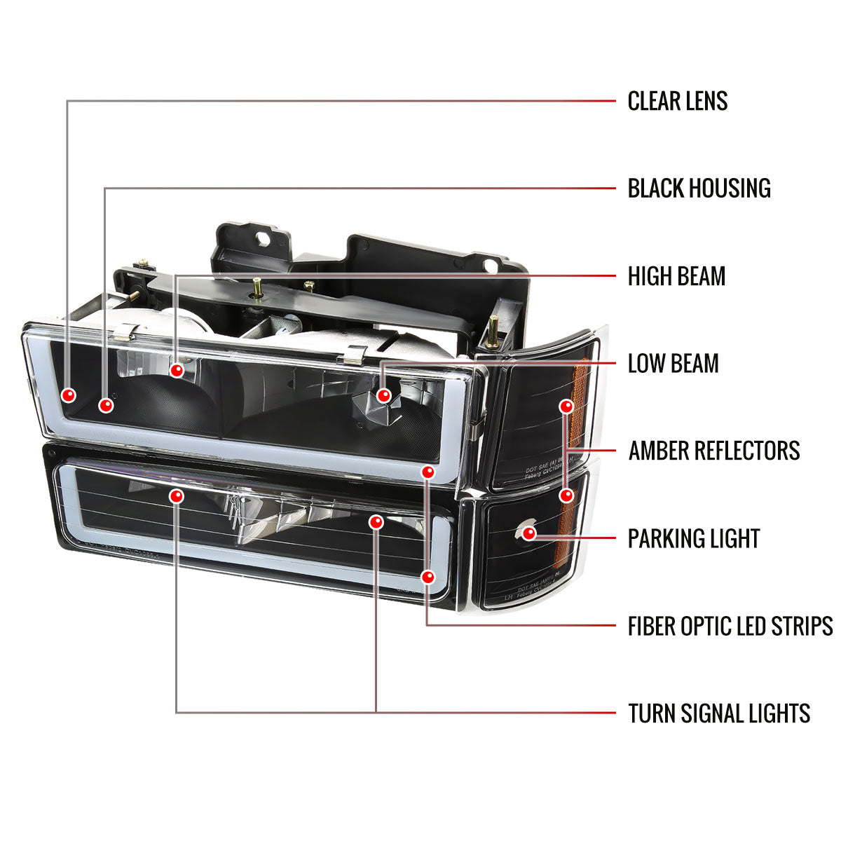 1994-1998 Chevrolet Silverado/Tahoe/Suburban/C10 Factory Style Headlights w/LED Strip and Bumper & Corner Lights (Matte Black Housing/Clear Lens)