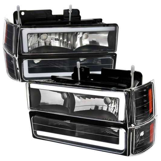 1994-1998 Chevrolet C10 C/K Tahoe Suburban LED Tube Factory Headlights with Corner Signal Bumper Lights (Matte Black Housing/Clear Lens)