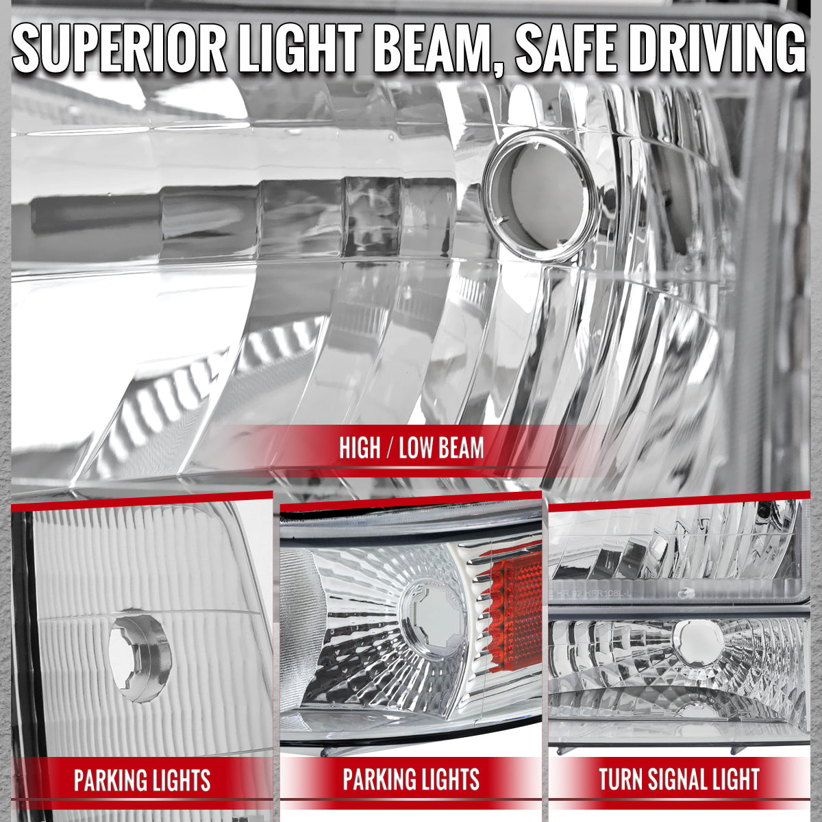 1992-1996 Ford F-150/F-250/F-350/Bronco Factory Style Headlights w/ Bumper & Corner Lights (Chrome Housing/Clear Lens)