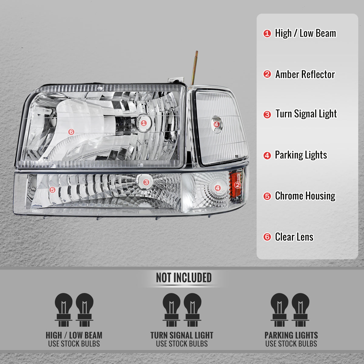 1992-1996 Ford F-150/F-250/F-350/Bronco Factory Style Headlights w/ Bumper & Corner Lights (Chrome Housing/Clear Lens)