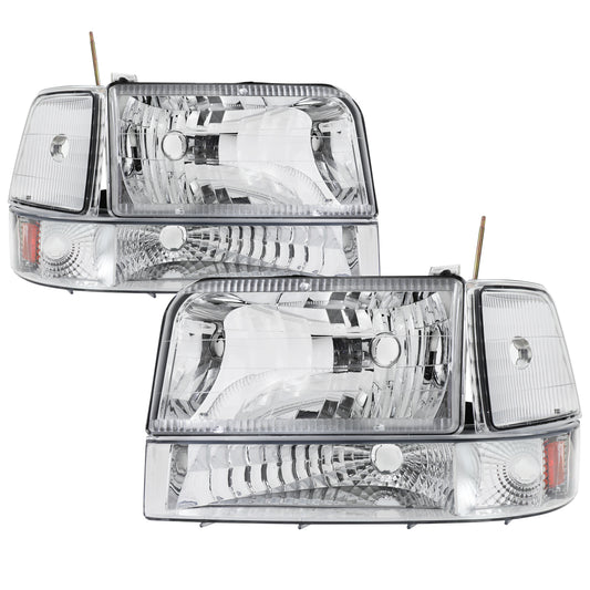 1992-1996 Ford F-150/F-250/F-350/Bronco Factory Style Headlights w/ Bumper & Corner Lights (Chrome Housing/Clear Lens)