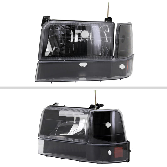 1992-1996 Ford F-150/F-250/F-350/Bronco Factory Style Headlights w/ Bumper & Corner Lights (Matte Black Housing/Clear Lens)