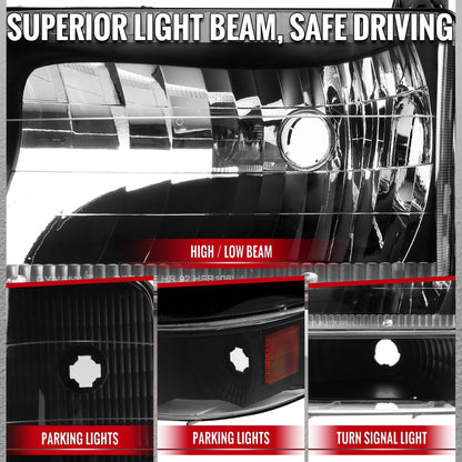 1992-1996 Ford F-150/F-250/F-350/Bronco Factory Style Headlights w/ Bumper & Corner Lights (Matte Black Housing/Clear Lens)