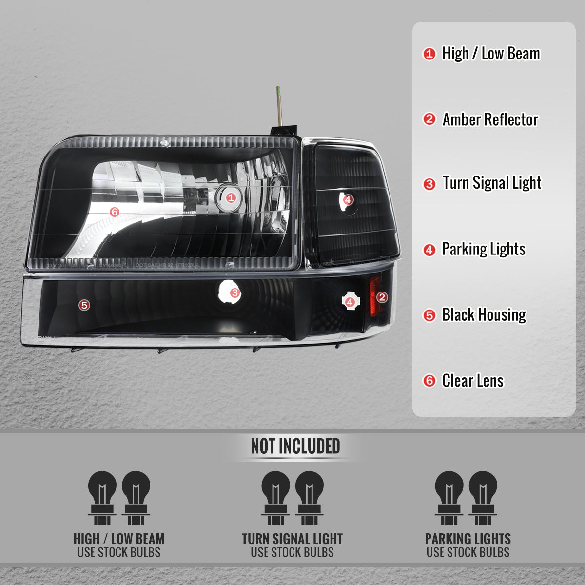 1992-1996 Ford F-150/F-250/F-350/Bronco Factory Style Headlights w/ Bumper & Corner Lights (Matte Black Housing/Clear Lens)