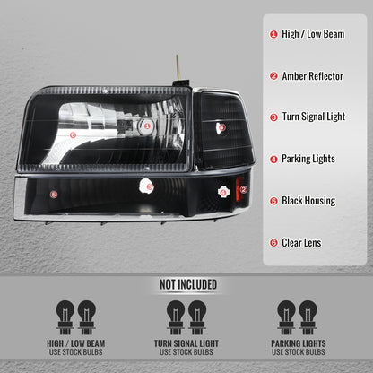 1992-1996 Ford F-150/F-250/F-350/Bronco Factory Style Headlights w/ Bumper & Corner Lights (Matte Black Housing/Clear Lens)