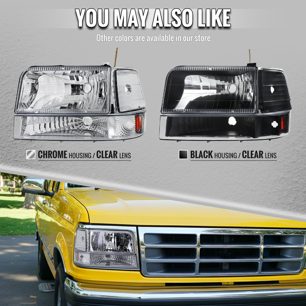 1992-1996 Ford F-150/F-250/F-350/Bronco Factory Style Headlights w/ Bumper & Corner Lights (Matte Black Housing/Clear Lens)