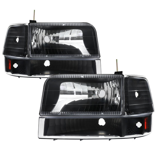 1992-1996 Ford F-150/F-250/F-350/Bronco Factory Style Headlights w/ Bumper & Corner Lights (Matte Black Housing/Clear Lens)